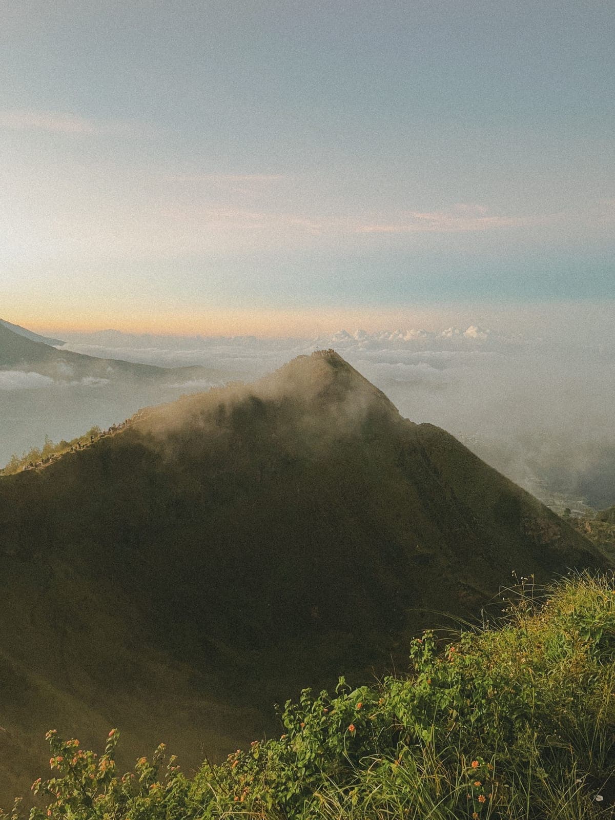 Green mountain peak above a sea of clouds in the morning