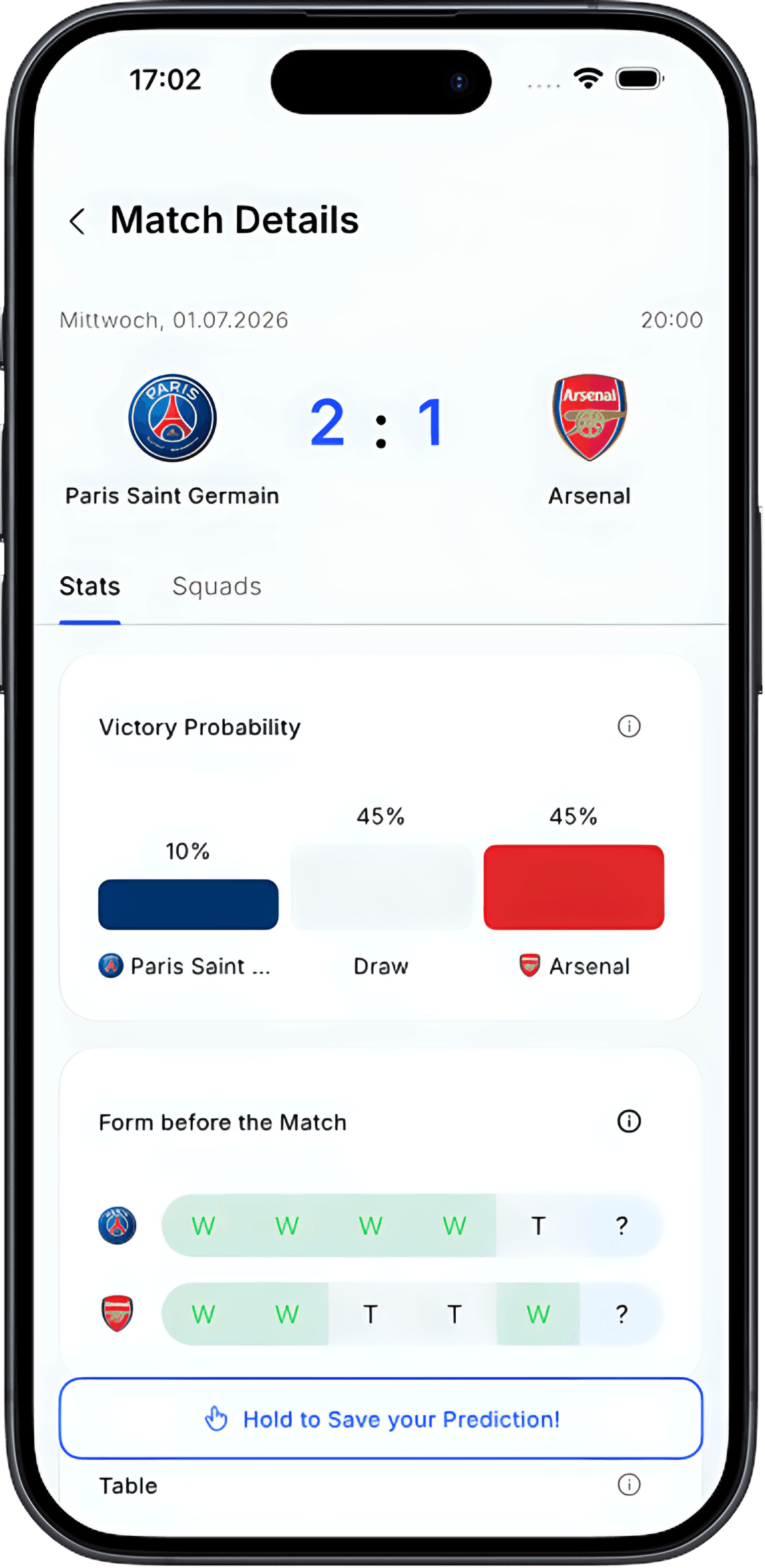 Match Details screen: a 2:1 prediction for Paris Saint-Germain against Arsenal, victory probability, form and the “Hold to Save your Prediction” button