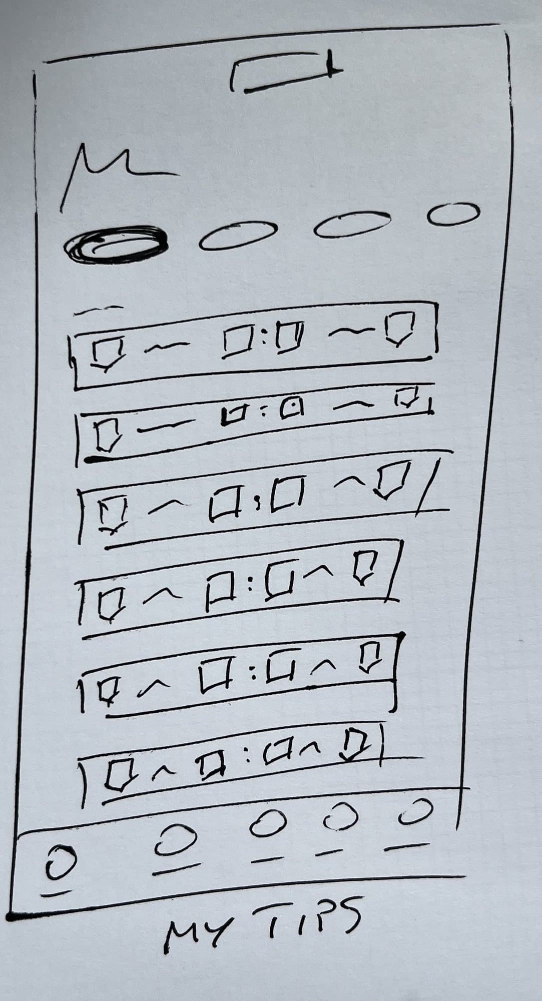 Hand sketch of the My Tips screen: matchday tabs and a list of matches with fields for the prediction